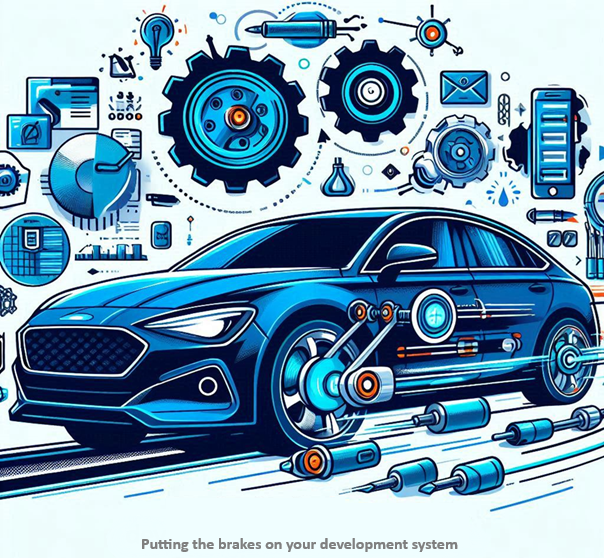 Abstract illustration of controlled motion and disciplined development — brakes that make speed possible