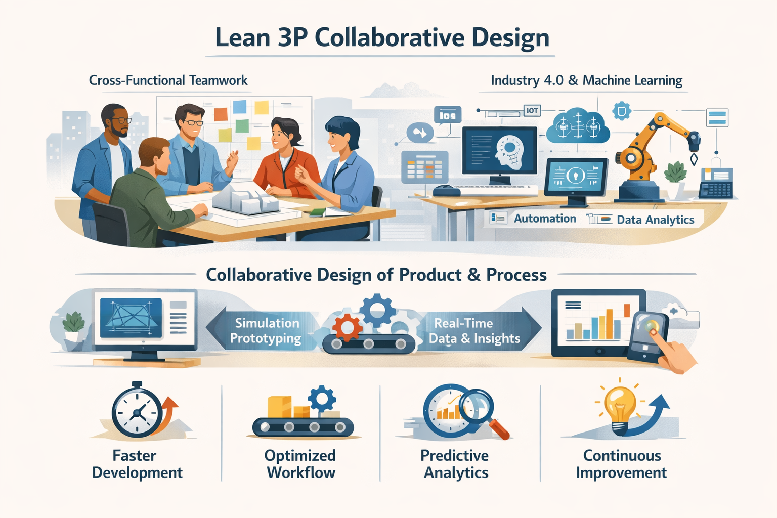 Cross-functional team combining physical layout sketches with digital models for a production cell