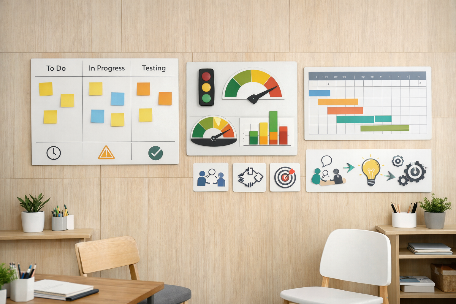 Team reviewing a simple visual board in a bright, minimalist workspace